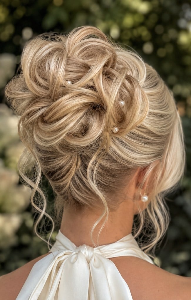 Blonde Messy Bun With Pearl Accents Blonde Messy Bun With Pearl Accents — Trendy Messy Bun Updo