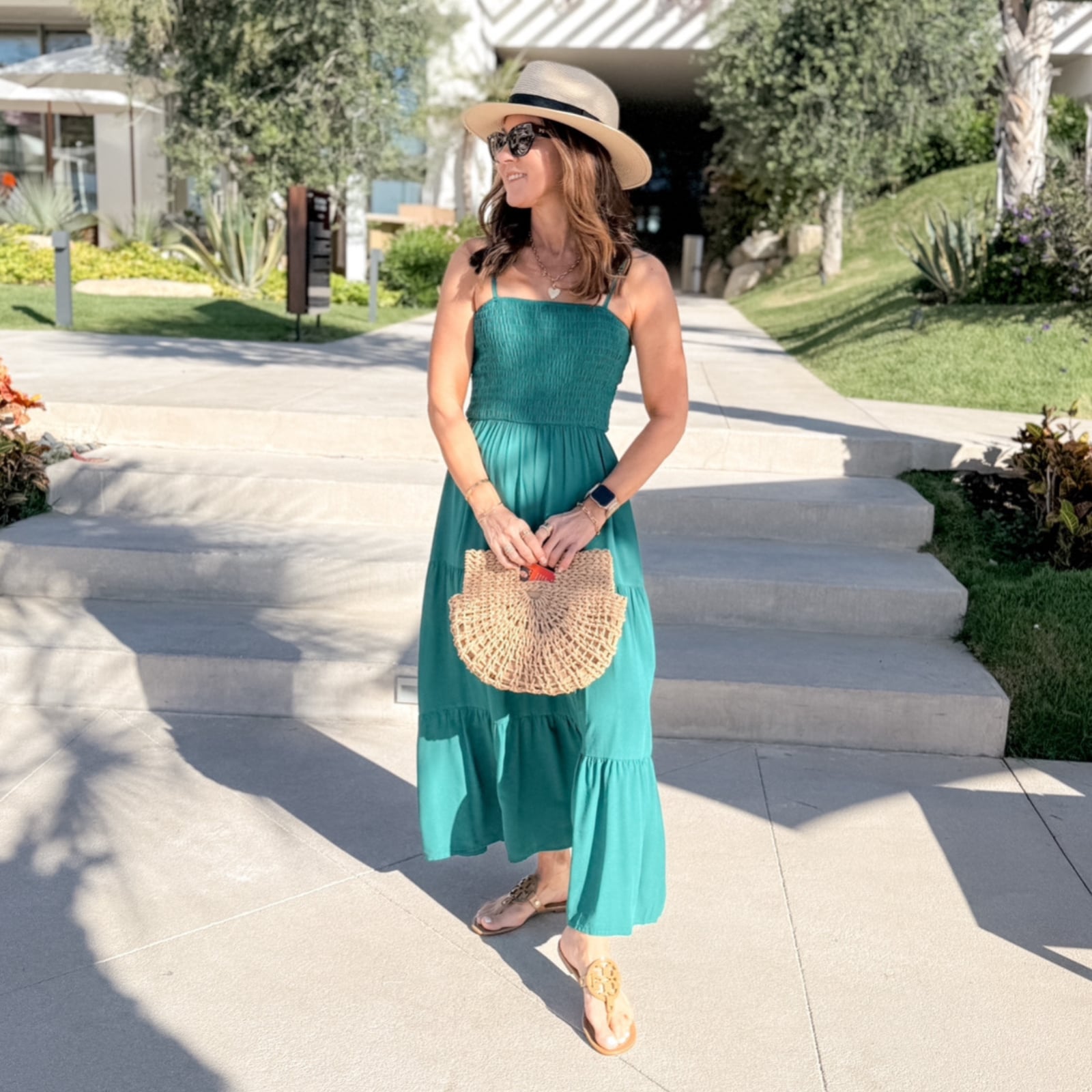 Teal Smocked Maxi Dress with Straw Hat and Woven Bag — Trendy Mexico Outfits