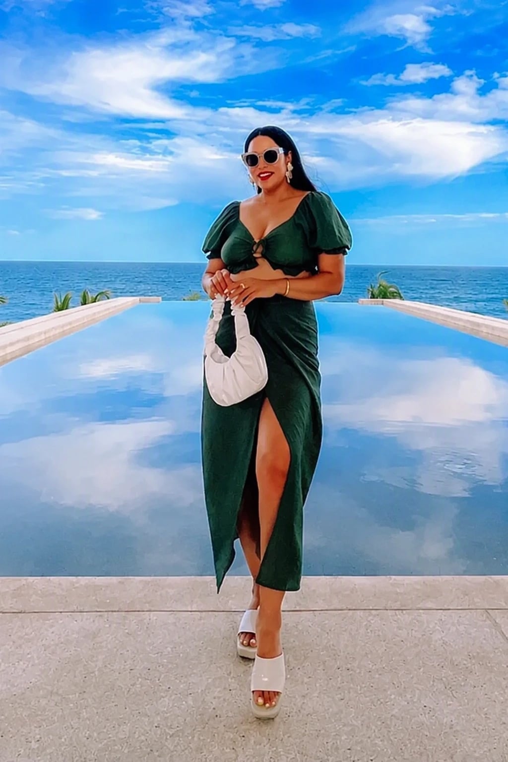 Deep Green Linen Crop Top with High Slit Maxi Skirt — Trendy Mexico Outfits