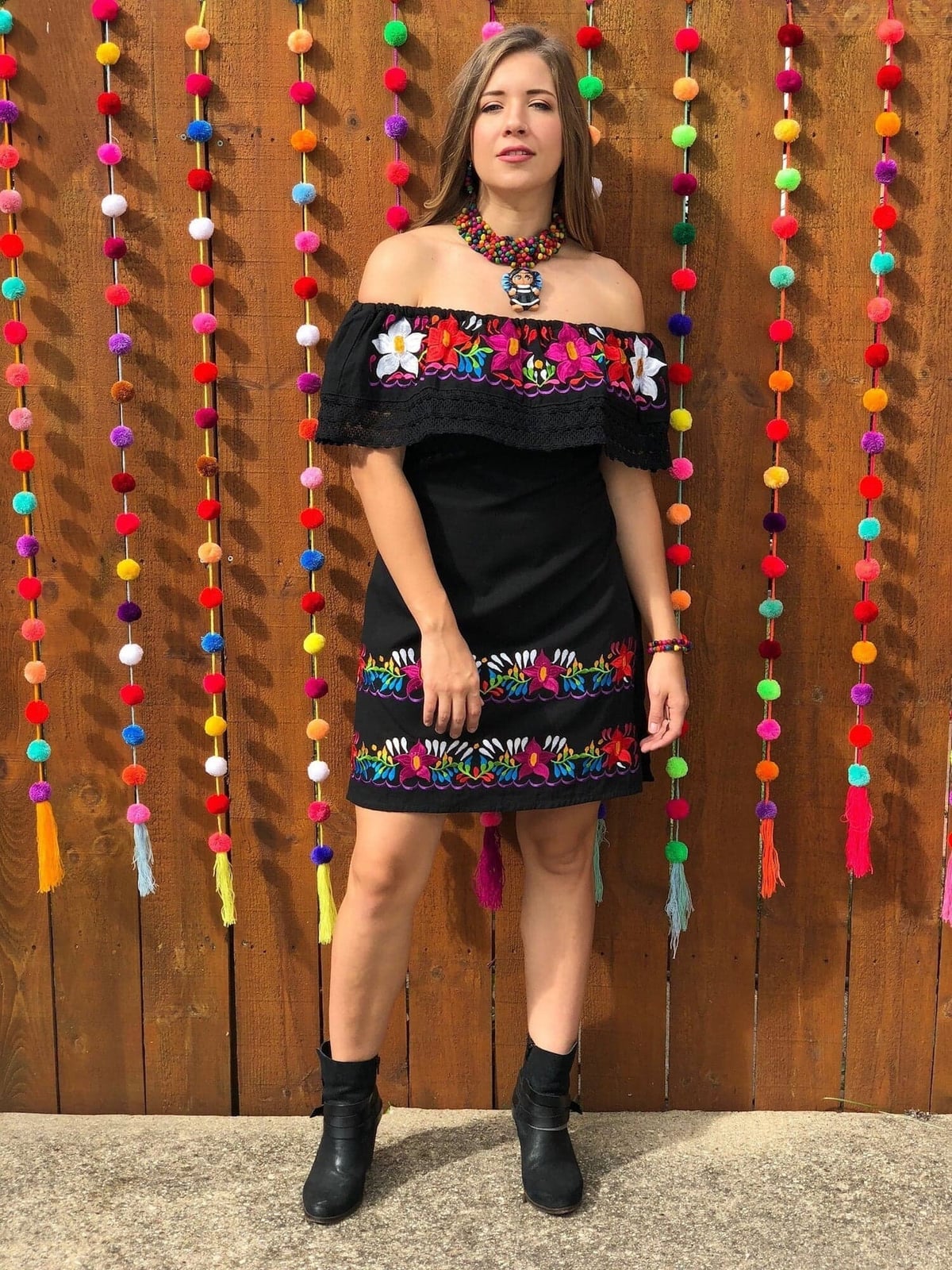 Black Off-Shoulder Dress with Floral Embroidery — Trendy Mexico Outfits