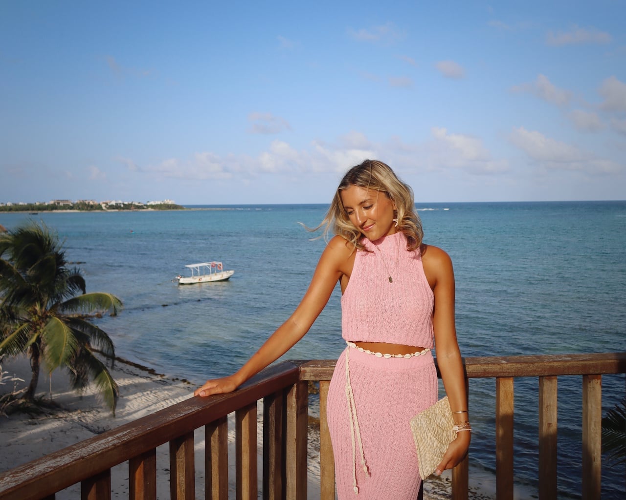 Pink Crochet Knit Crop Top and Fitted Skirt Set — Trendy Mexico Outfits