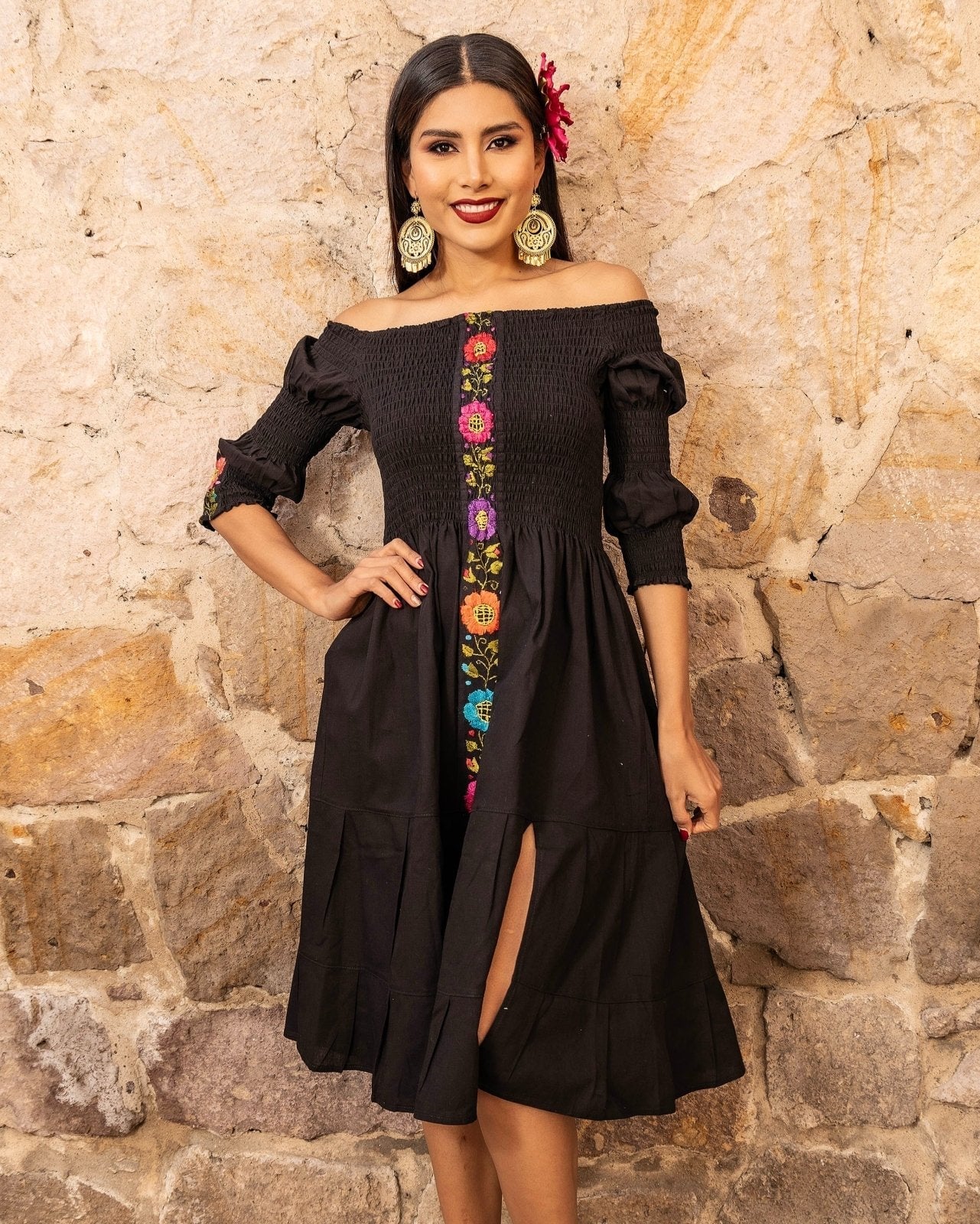 Black Off-Shoulder Dress with Smocked Detail and Embroidery, A-Line — Trendy Mexico Outfits