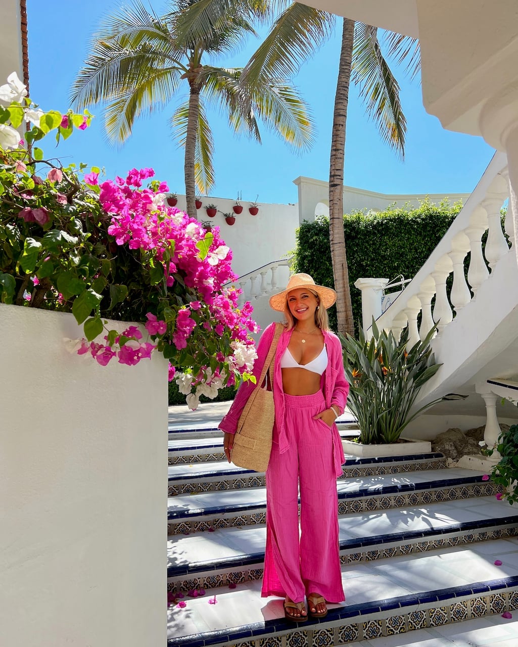 Hot Pink Linen Shirt and Wide-Leg Pants Resort Set — Trendy Mexico Outfits