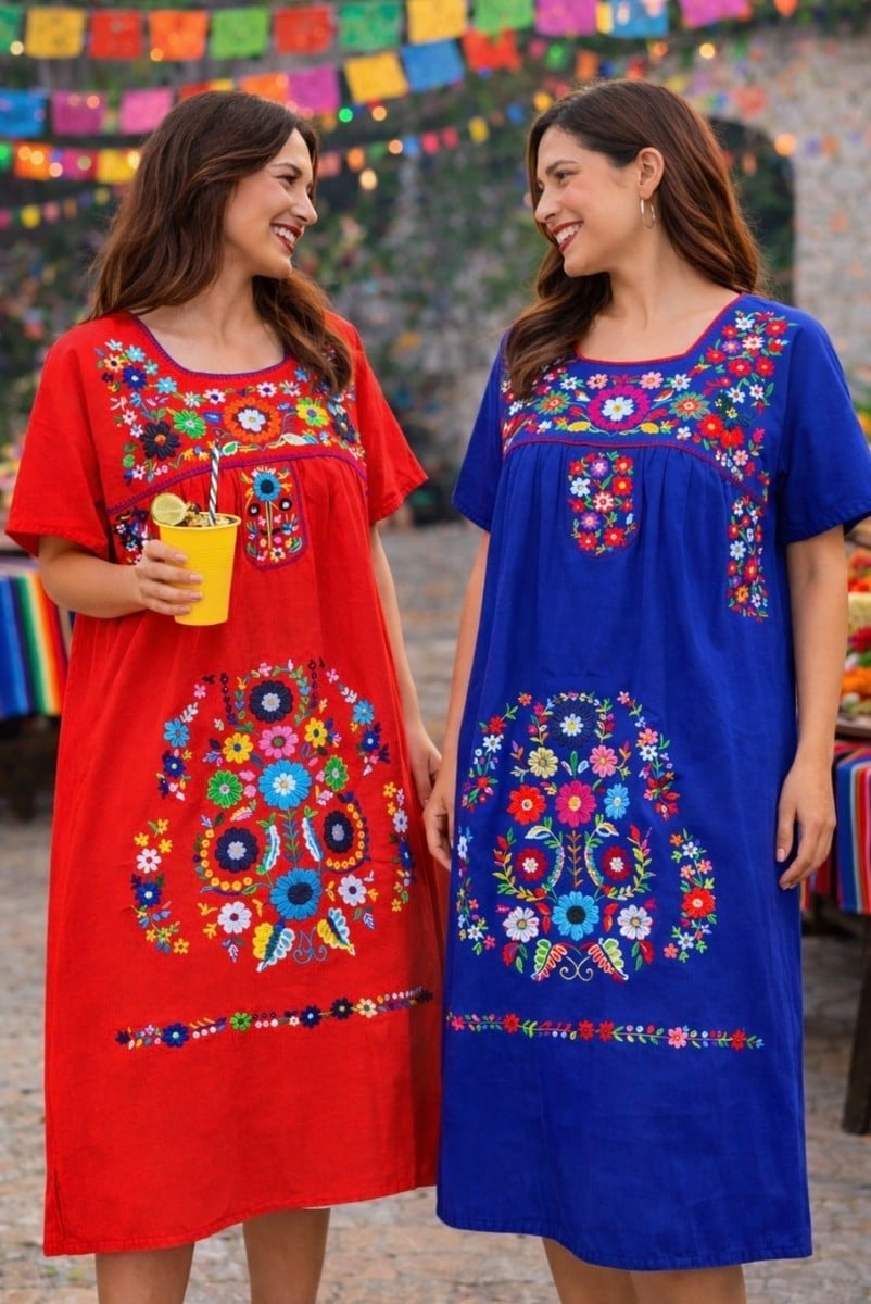 Vibrant Embroidered Midi Dresses in Red and Blue — Trendy Mexico Outfits