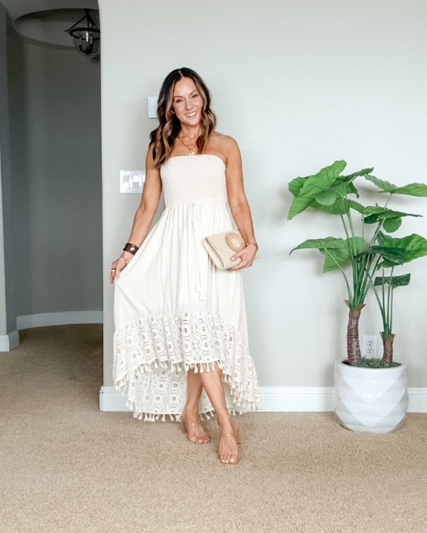 Off-White Strapless Dress with Smocked Bodice and Tassel Trim — Trendy Mexico Outfits