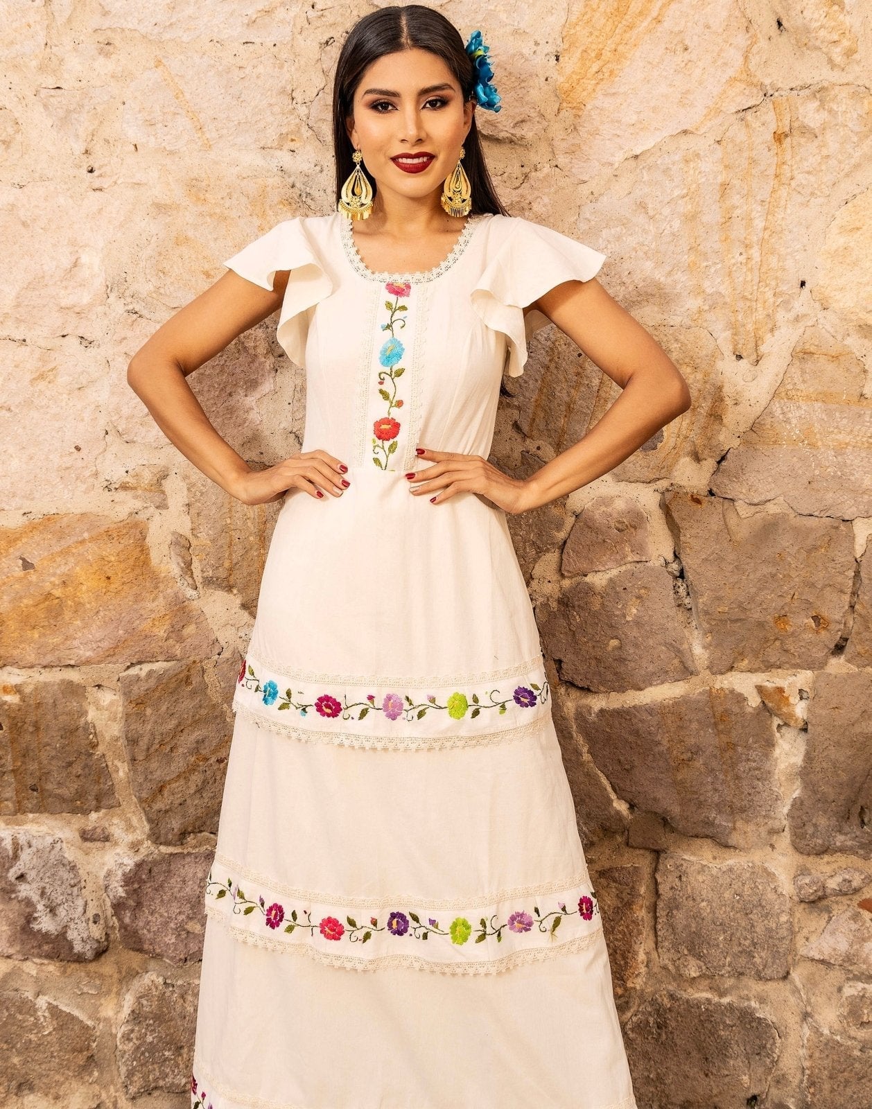 Cream Embroidered Maxi Dress with Geometric Pattern — Trendy Mexico Outfits