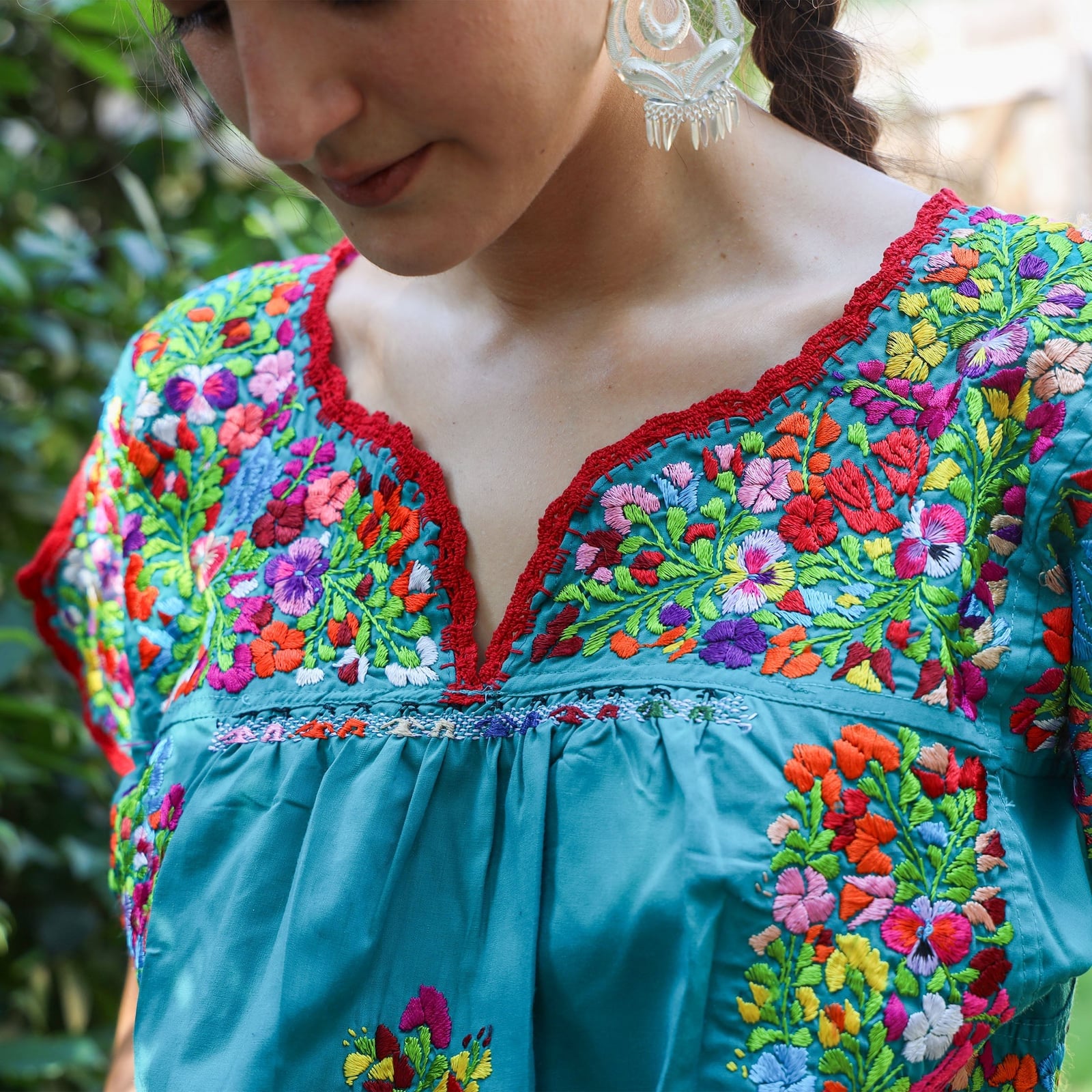 Teal V-Neck Top with Multi-Color Floral Embroidery — Trendy Mexico Outfits