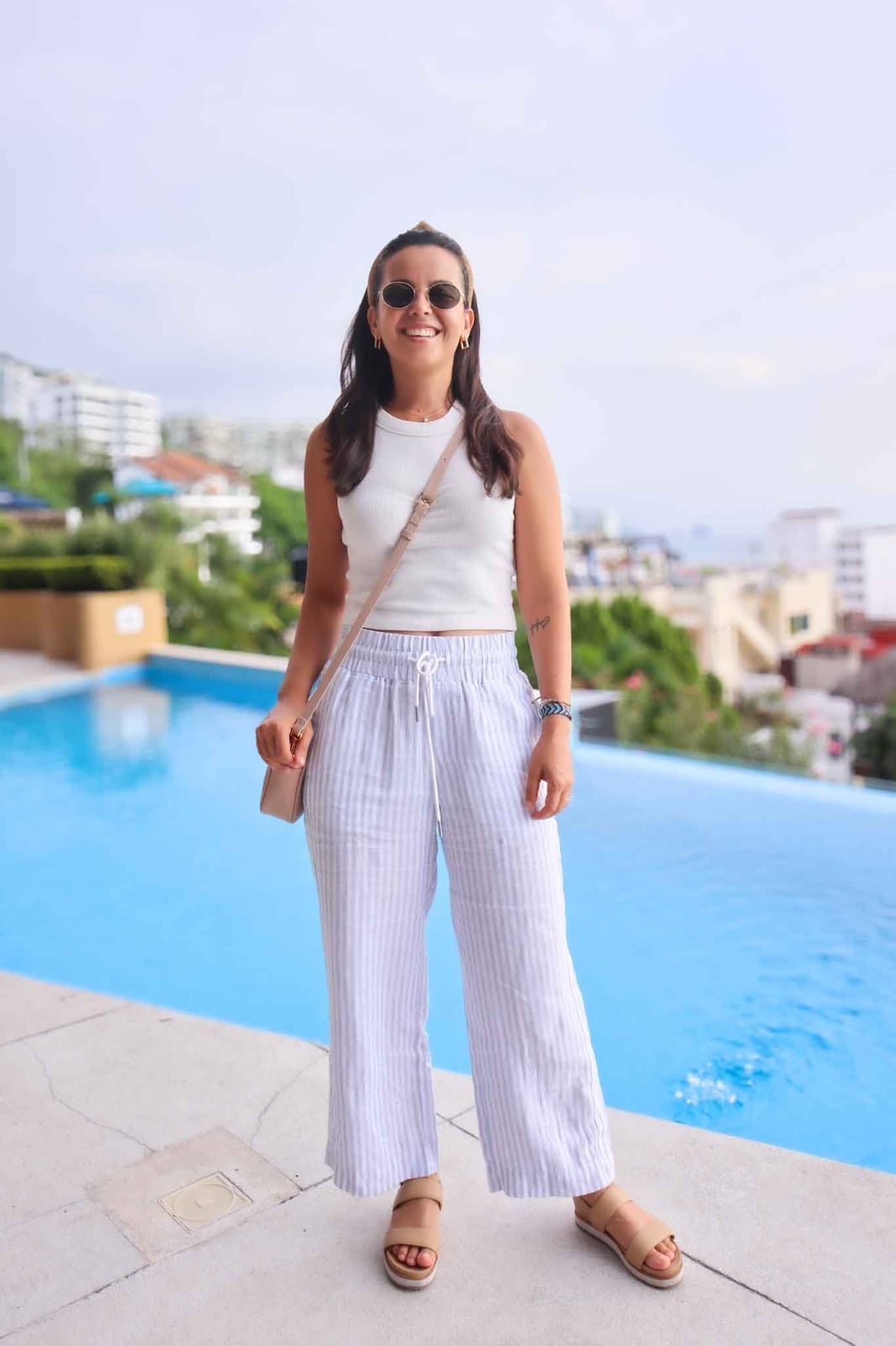 White Cropped Tank with Striped Wide-Leg Pants — Trendy Mexico Outfits