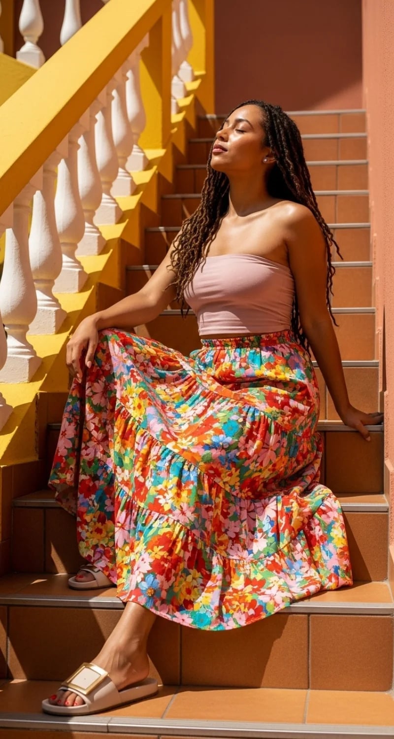 Dusty Pink Bandeau Top with Floral Tiered Maxi Skirt — Trendy Mexico Outfits
