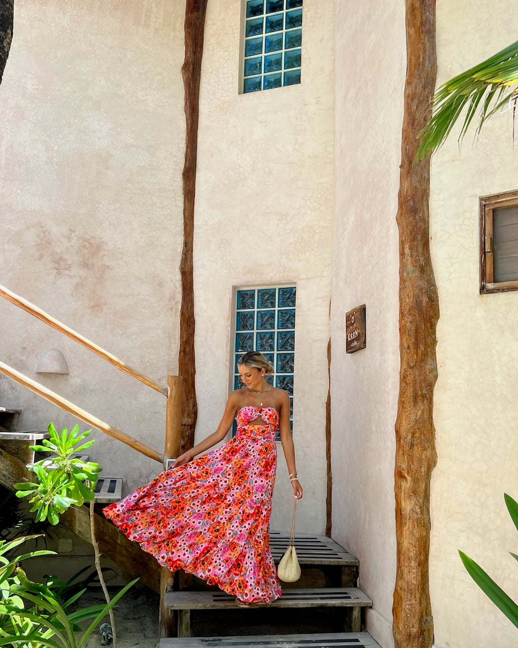 Floral Print Maxi Dress with Cut-Outs and Straw Handbag — Trendy Mexico Outfits