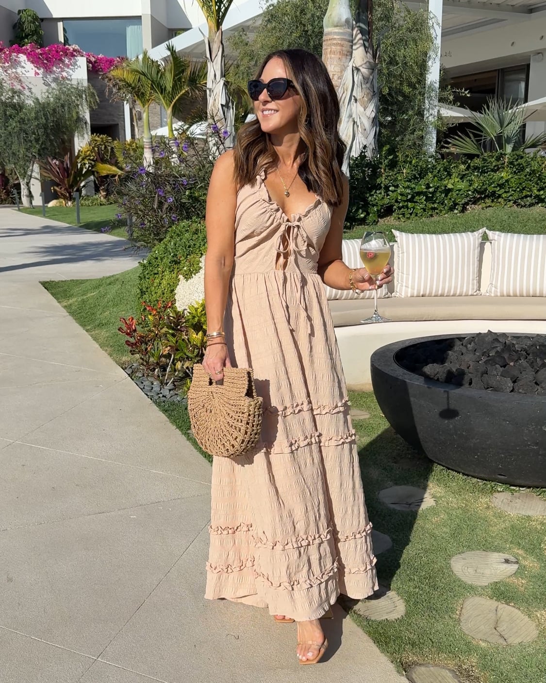Beige Tiered Maxi Dress with Woven Bag — Trendy Mexico Outfits