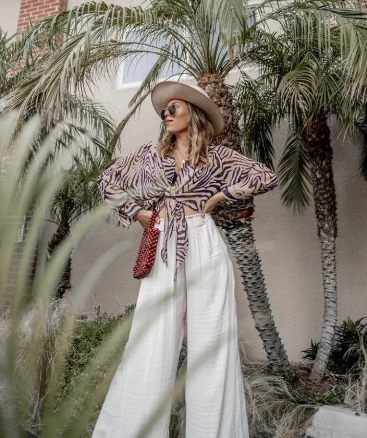 Zebra Print Sheer Blouse with White Linen Wide-Leg Pants — Trendy Mexico Outfits