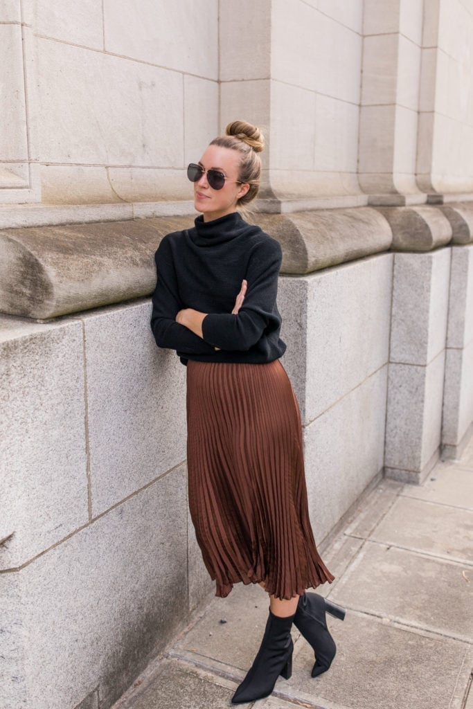 Metallic Midi Skirt with Turtleneck and Boots — Trendy Midi Skirt Outfits