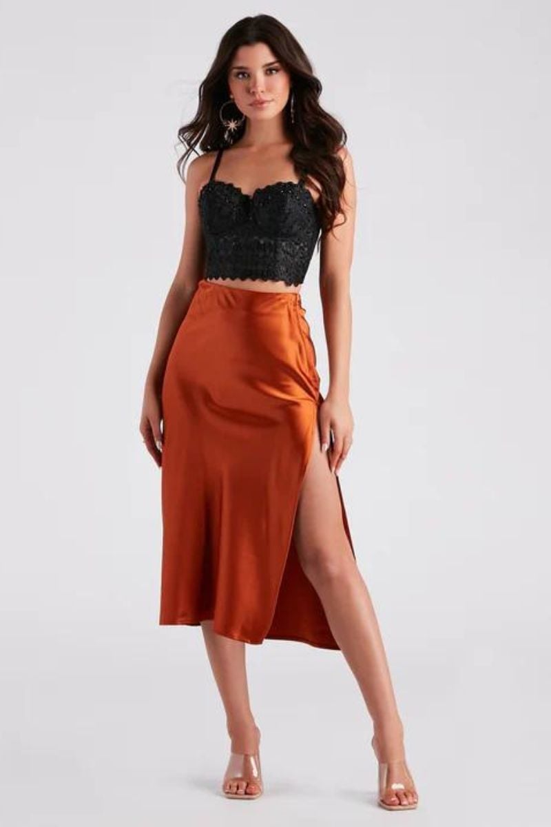 Satin Midi Skirt with High Slit and Lace Camisole — Trendy Midi Skirt Outfits