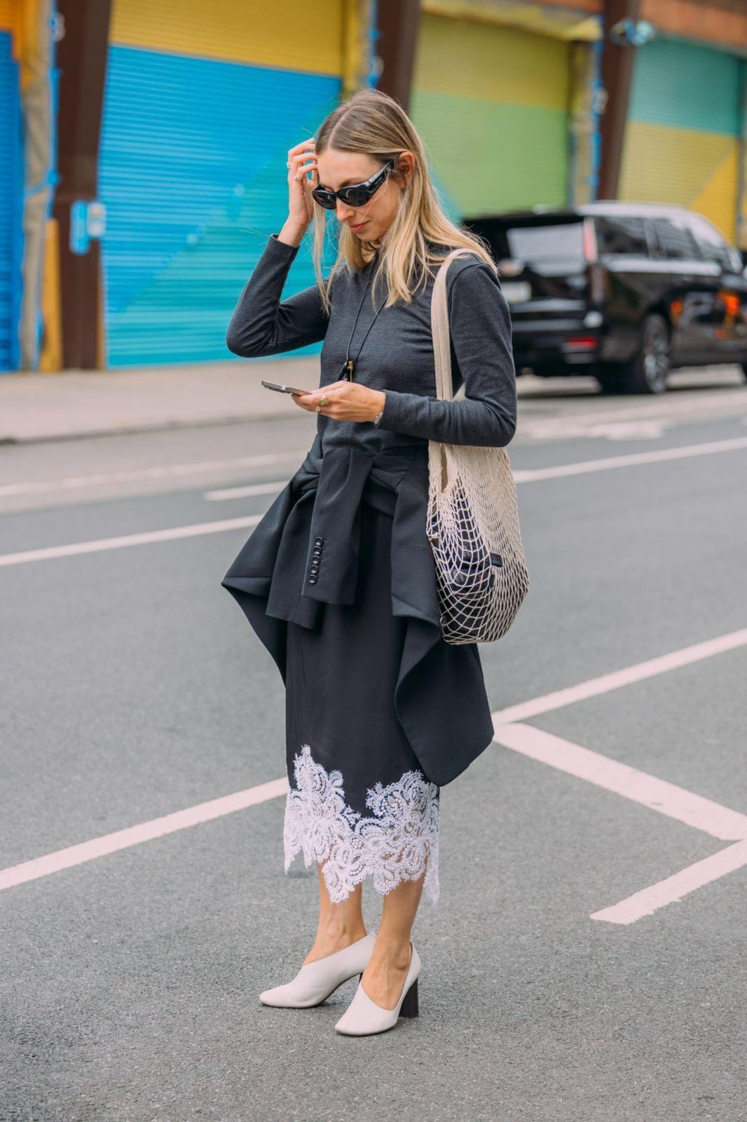 Black Midi Skirt with Lace Trim and Block Heels — Trendy Midi Skirt Outfits