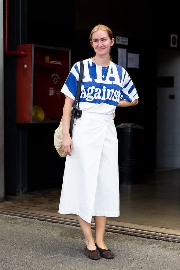 White Wrap Midi Skirt with Striped T-Shirt — Trendy Midi Skirt Outfits