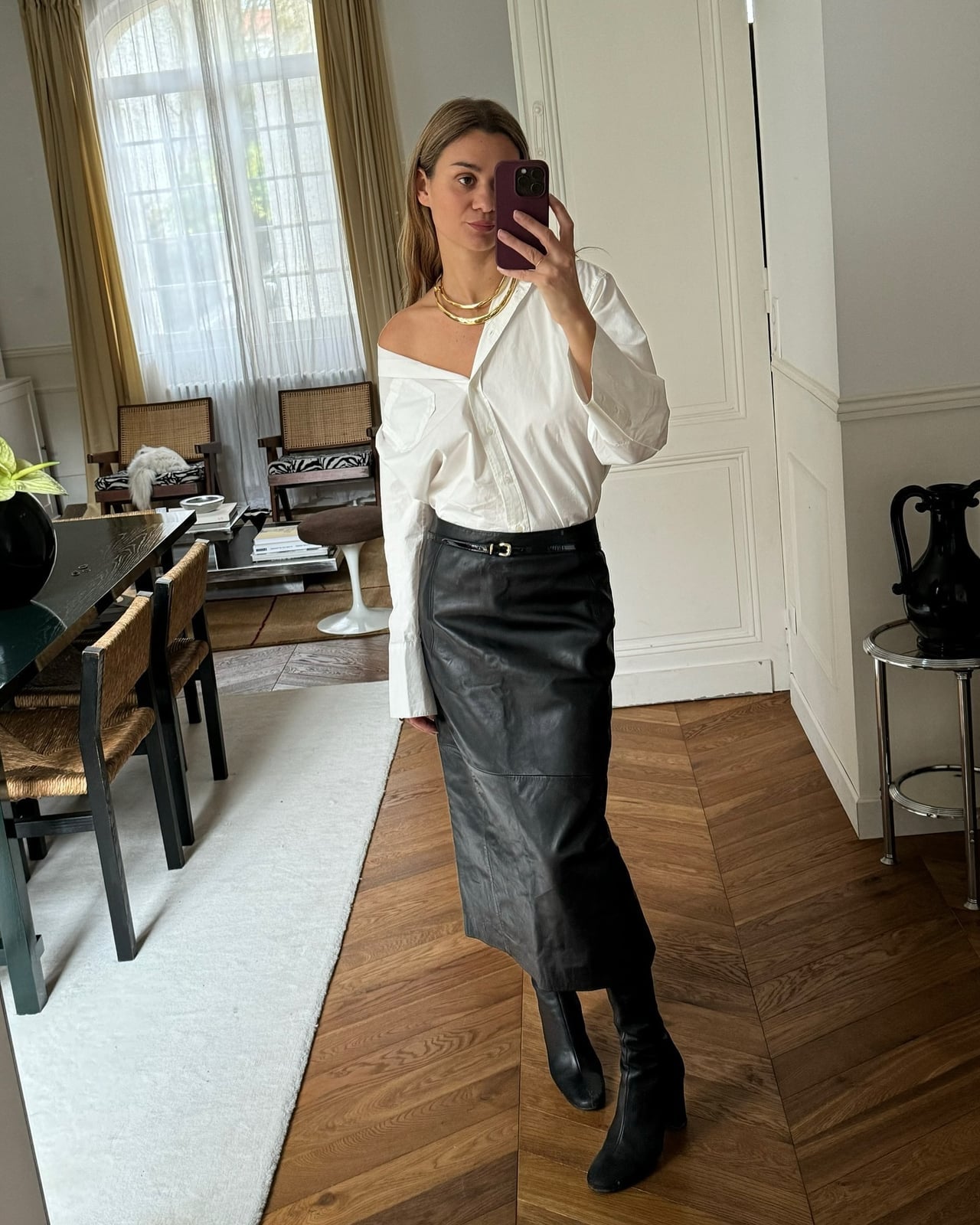 Leather Midi Skirt with Oversized Button-Down — Trendy Midi Skirt Outfits