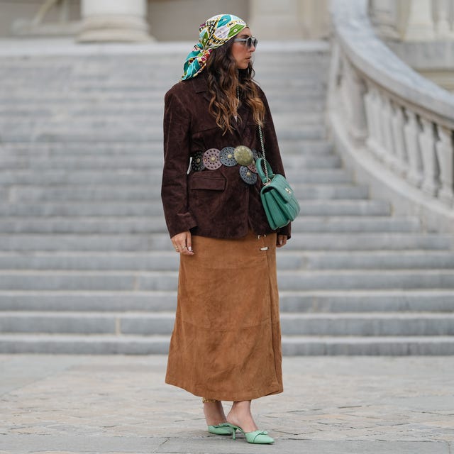 Tan Suede Midi Skirt with Suede Jacket — Trendy Midi Skirt Outfits