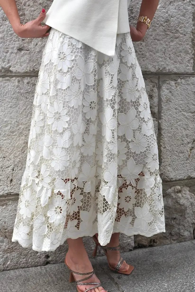 White Lace Midi Skirt with Ruffled Hem — Trendy Midi Skirt Outfits