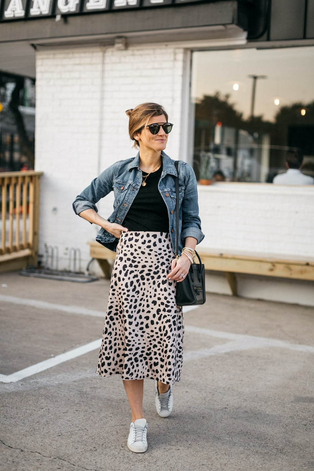 Leopard Print Midi Skirt with Denim Jacket — Trendy Midi Skirt Outfits