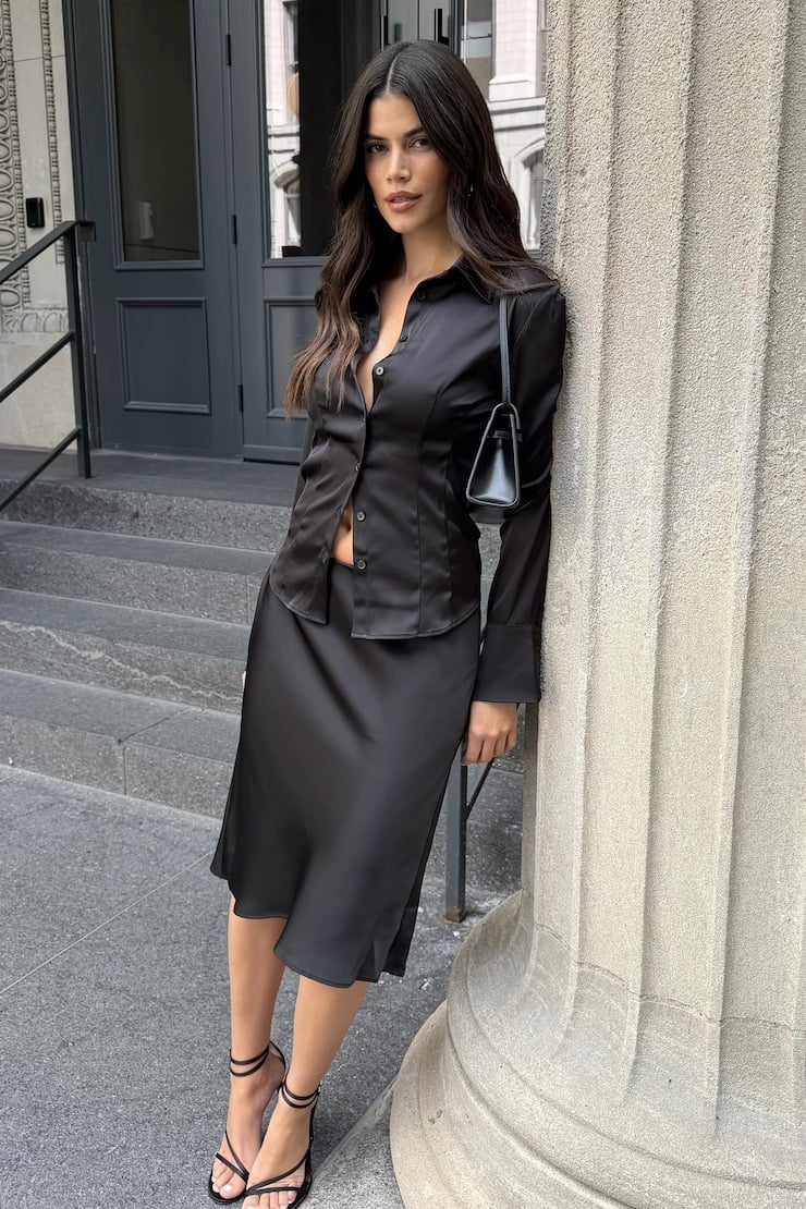 Black Satin Midi Skirt with Fitted Shirt — Trendy Midi Skirt Outfits
