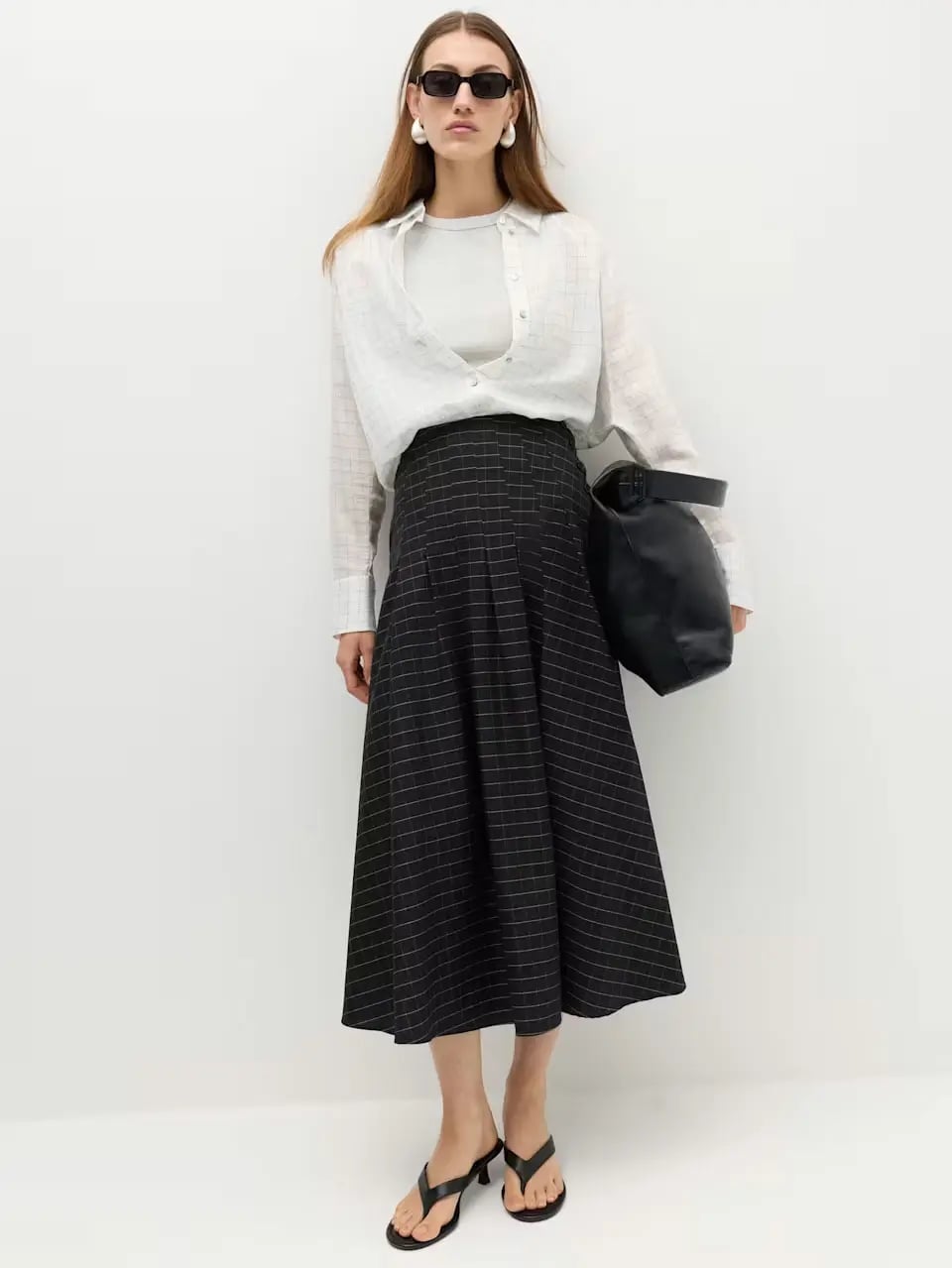 Pinstripe Midi Skirt with Layered Shirts — Trendy Midi Skirt Outfits