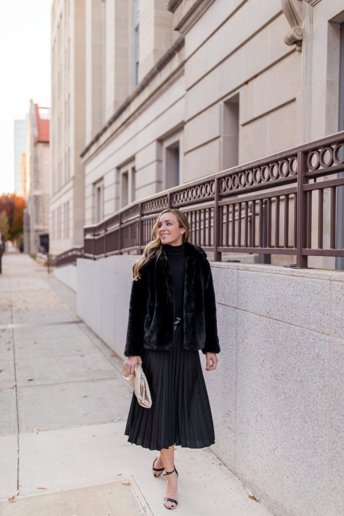 Pleated Midi Skirt with Turtleneck and Faux Fur Jacket — Trendy Midi Skirt Outfits