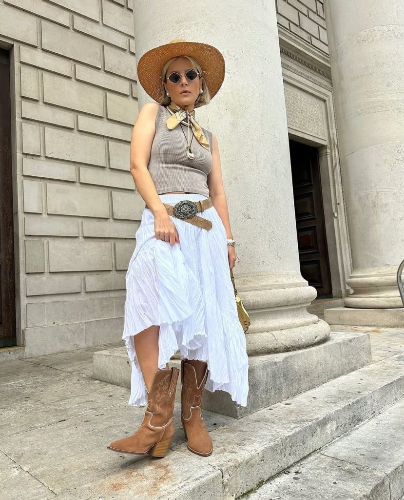 Tiered Midi Skirt with Knit Top and Cowboy Boots — Trendy Midi Skirt Outfits