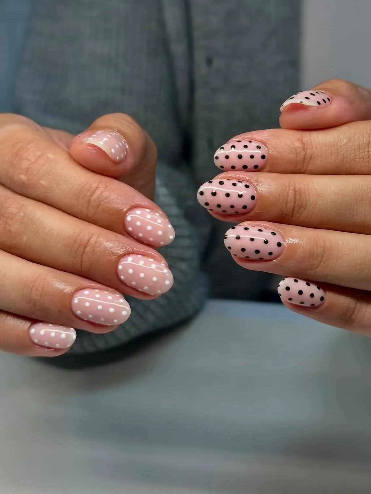 Short Oval Pale Pink Polka Dot Nails Short Oval Pale Pink Polka Dot Nails — Trendy Minimal Nails