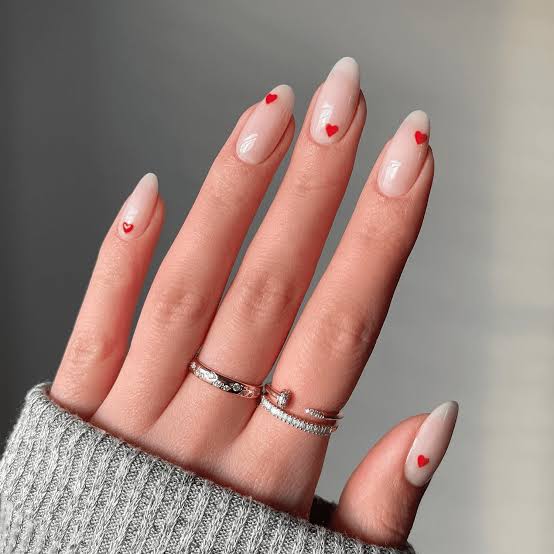 Short Almond Sheer Nude with Gem Heart Accents Short Almond Sheer Nude with Gem Heart Accents — Trendy Minimal Nails