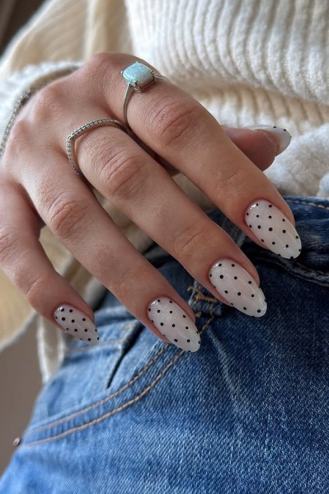 Medium Almond White with Black Polka Dots Medium Almond White with Black Polka Dots — Trendy Minimal Nails