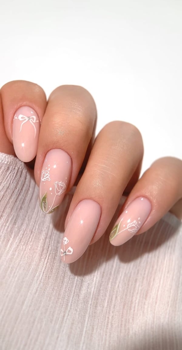 Medium Oval Soft Pink with Floral and Bow Accents Medium Oval Soft Pink with Floral and Bow Accents — Trendy Minimal Nails