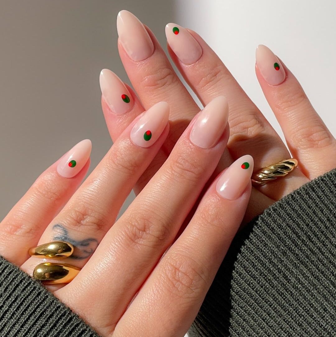 Long Almond Sheer Nude with Red and Green Dots Long Almond Sheer Nude with Red and Green Dots — Trendy Minimal Nails