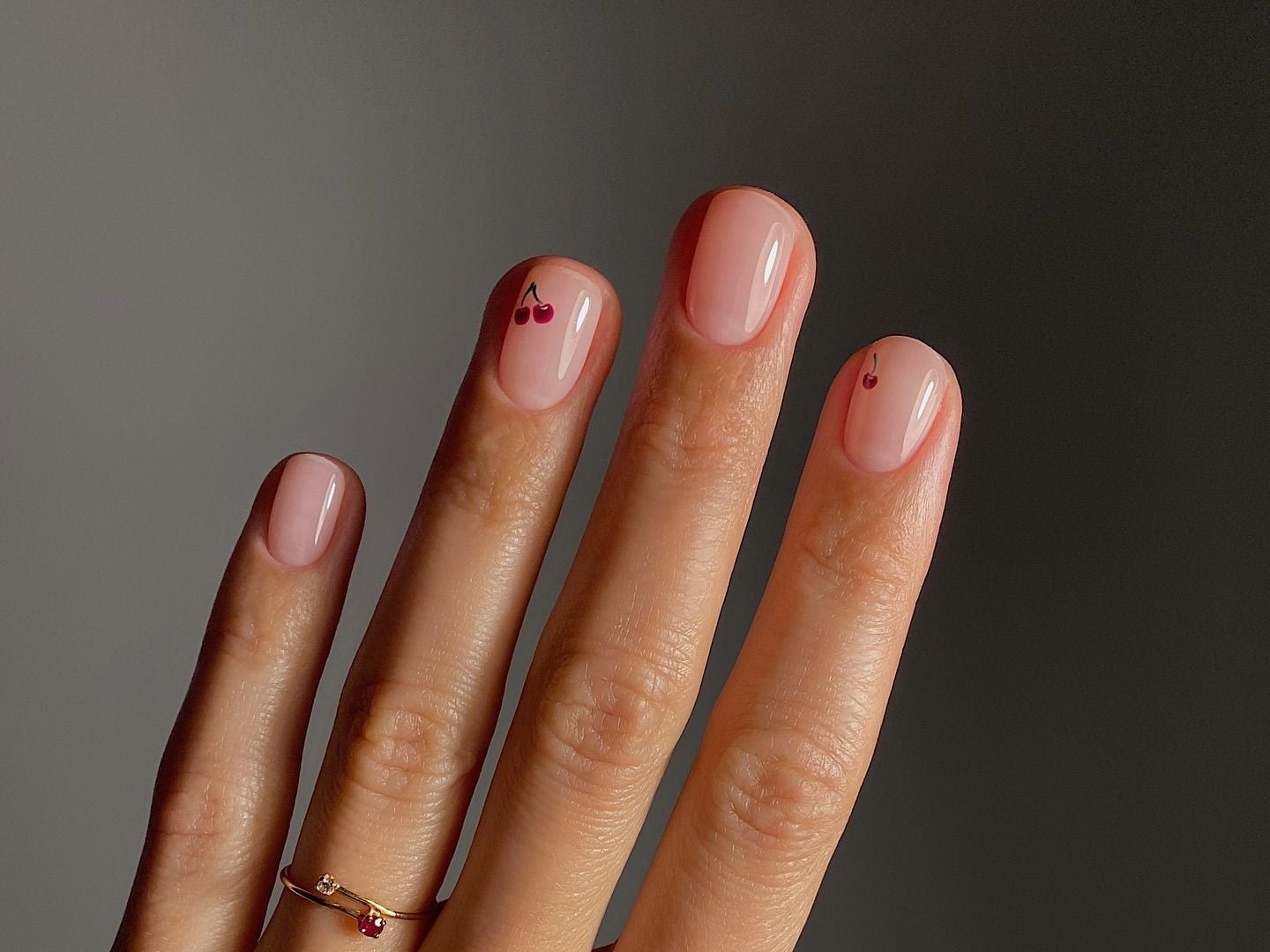 Short Almond Milky Pink with Minimalist Cherry Print Short Almond Milky Pink with Minimalist Cherry Print — Trendy Minimal Nails