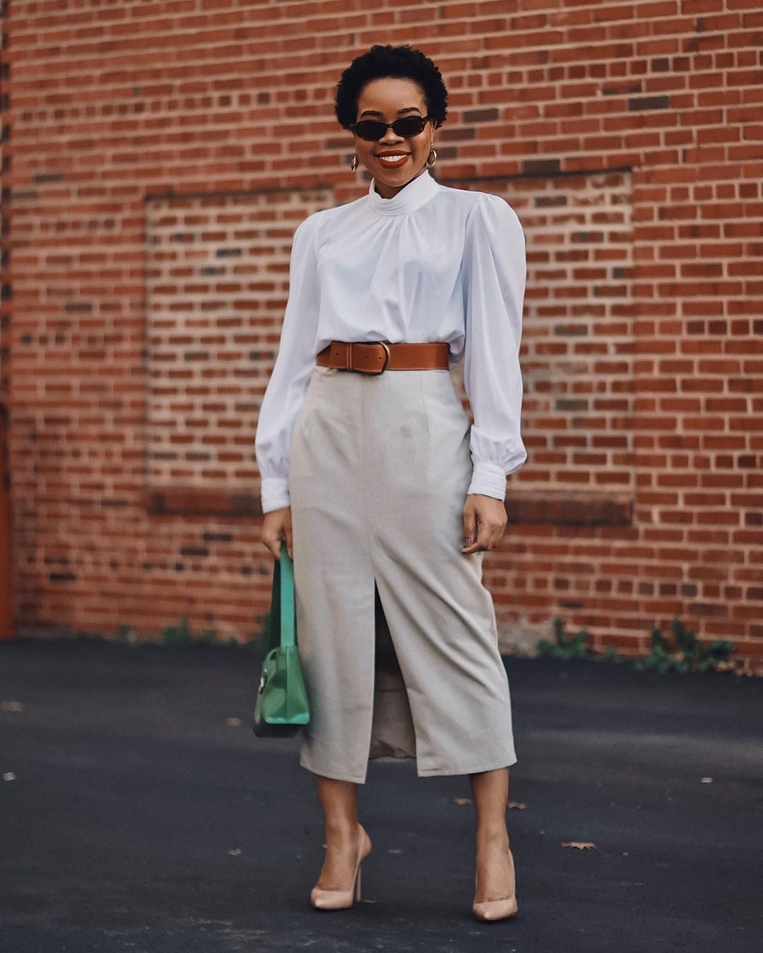 Puffy Sleeve Blouse with Beige Midi Skirt Puffy Sleeve Blouse with Beige Midi Skirt — Trendy Minimalist Outfits