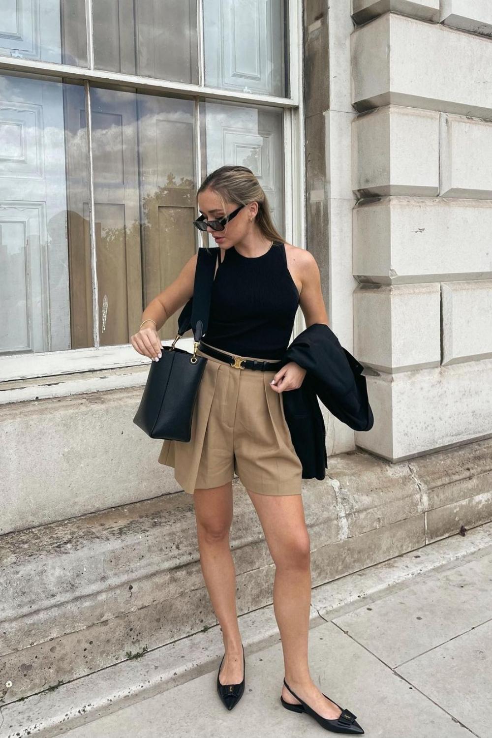 Pleated Shorts with Ribbed Tank and Blazer Pleated Shorts with Ribbed Tank and Blazer — Trendy Minimalist Outfits