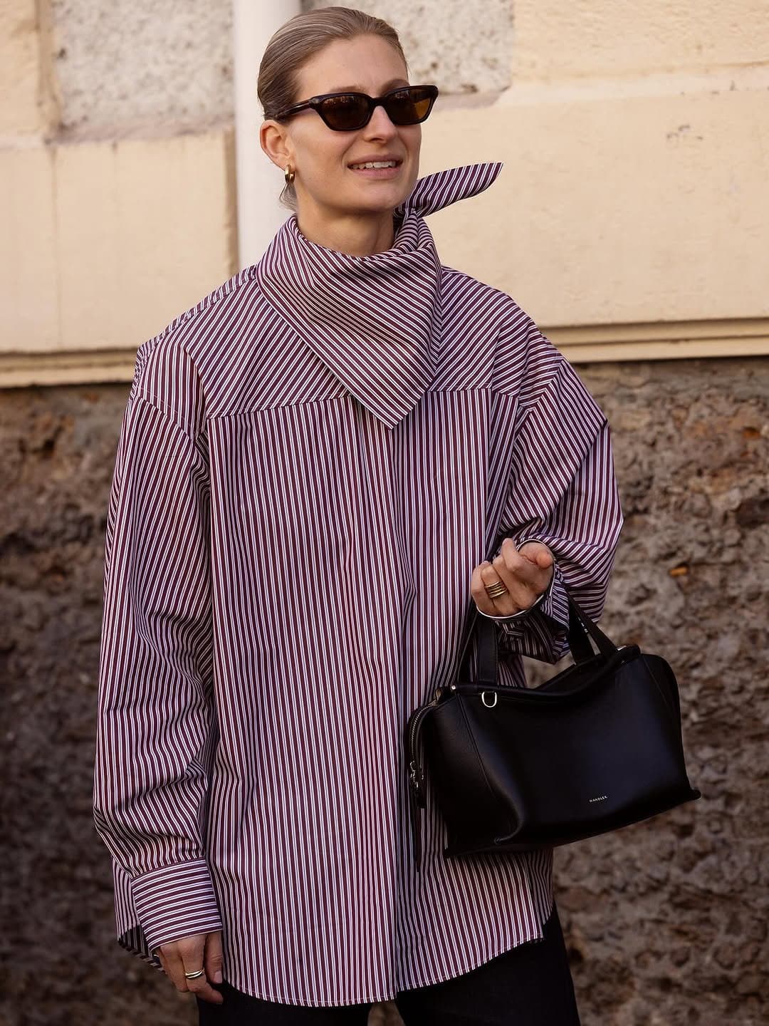 Striped Oversized Shirt with Neck Scarf Striped Oversized Shirt with Neck Scarf — Trendy Minimalist Outfits