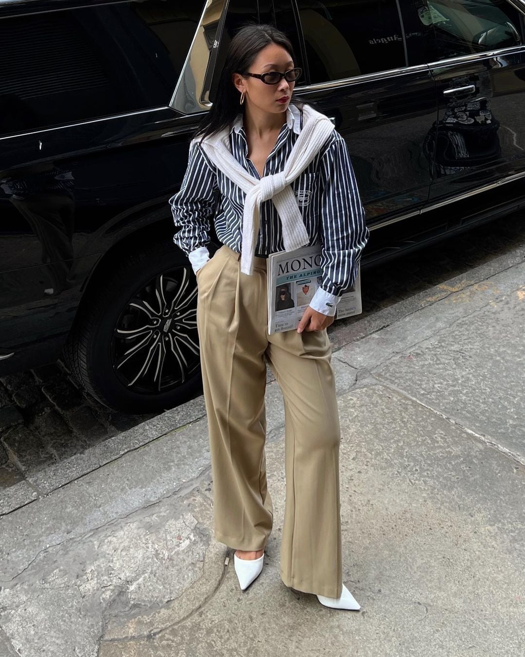 Striped Button-Down with Sweater Layering Striped Button-Down with Sweater Layering — Trendy Minimalist Outfits