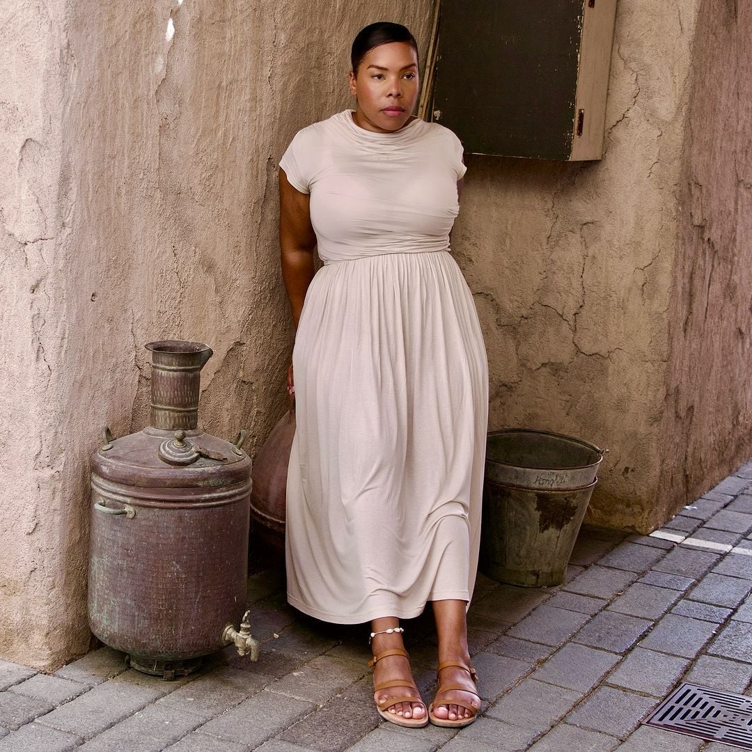 Pale Beige Mock-Neck Dress for Casual Wear Trendy Minimalist Outfits