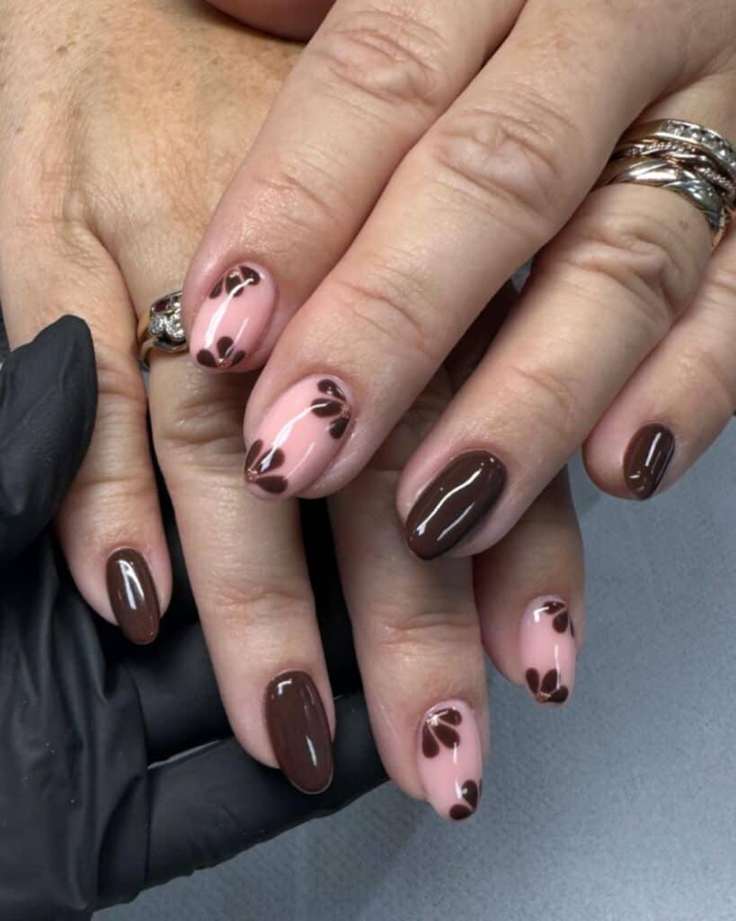 Nude Pink Floral Motif Short Almond Nails — Trendy Mocha Nails