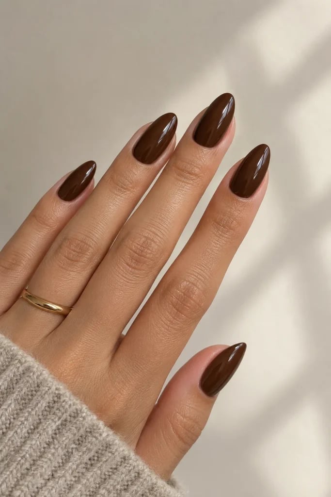 Glossy Deep Mocha Brown Medium Almond Nails — Trendy Mocha Nails