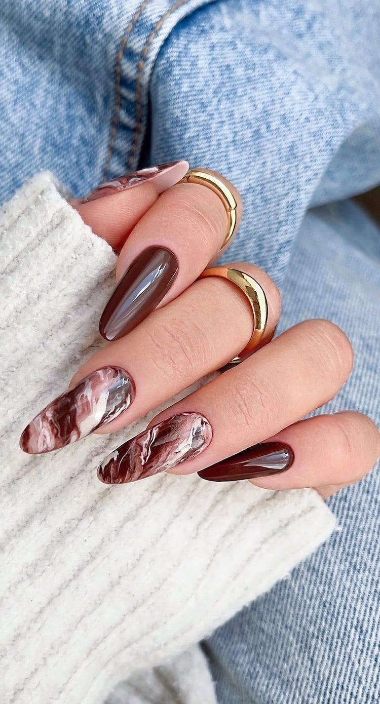 Mocha Swirl Marble Long Almond Nails — Trendy Mocha Nails