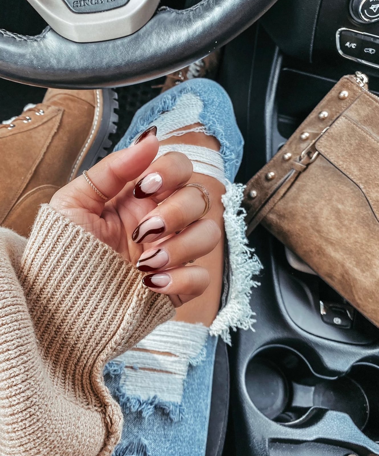 Sheer Nude Dark Brown Swirl French Medium Almond Nails — Trendy Mocha Nails