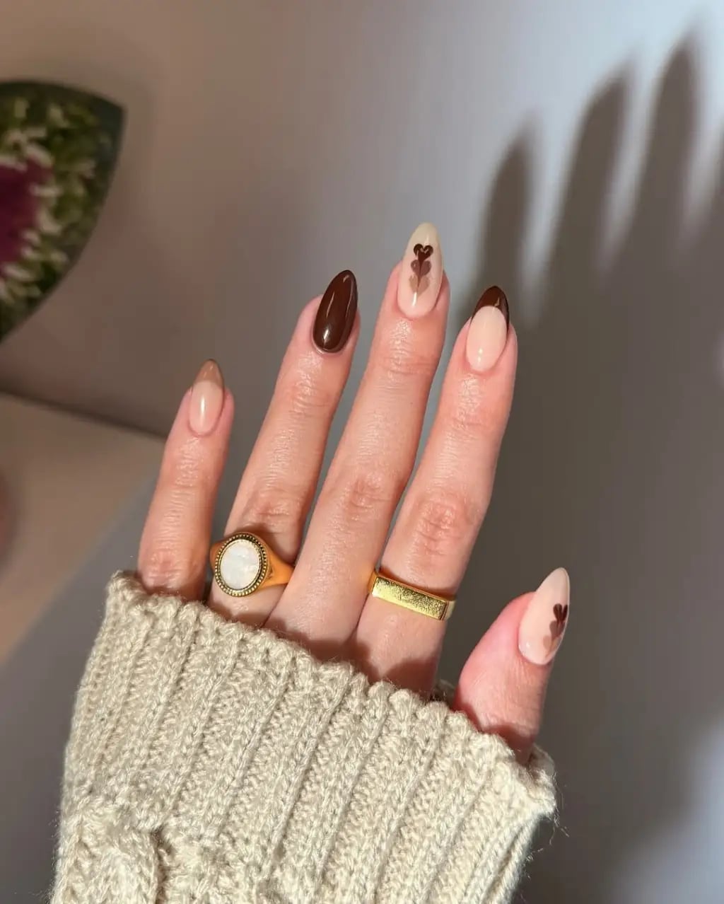 Nude Deep Mocha French Heart Medium Almond Nails — Trendy Mocha Nails