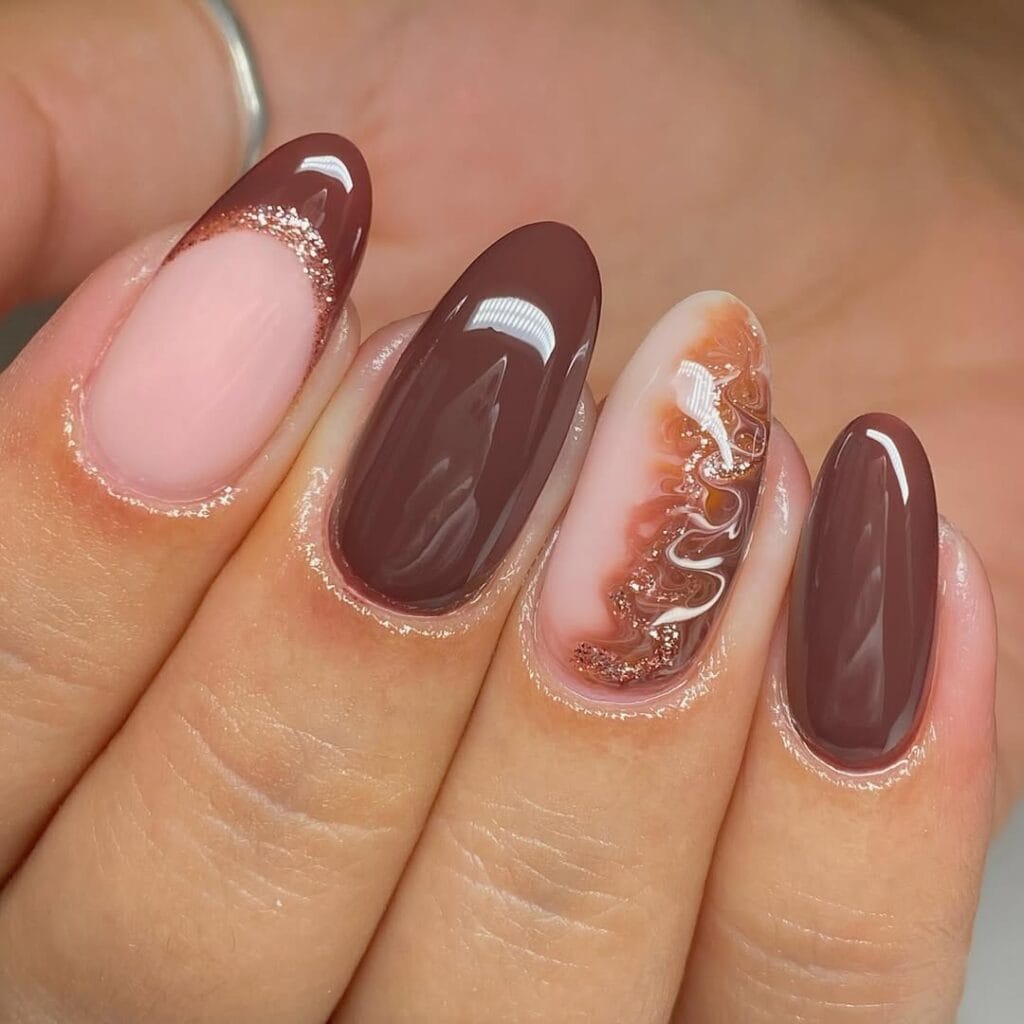 Pink Marble Copper Glitter Medium Almond Nails — Trendy Mocha Nails