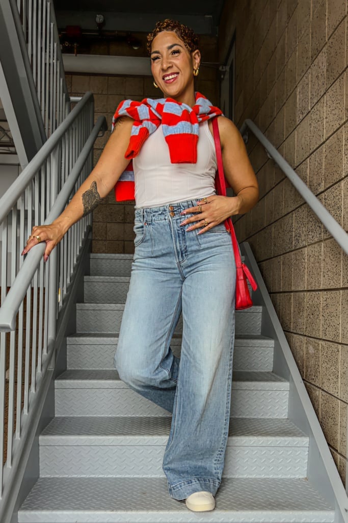 Light Blue Wide-Leg Mom Jeans with a White Tank and Striped Sweater — Trendy Mom Jeans Outfits