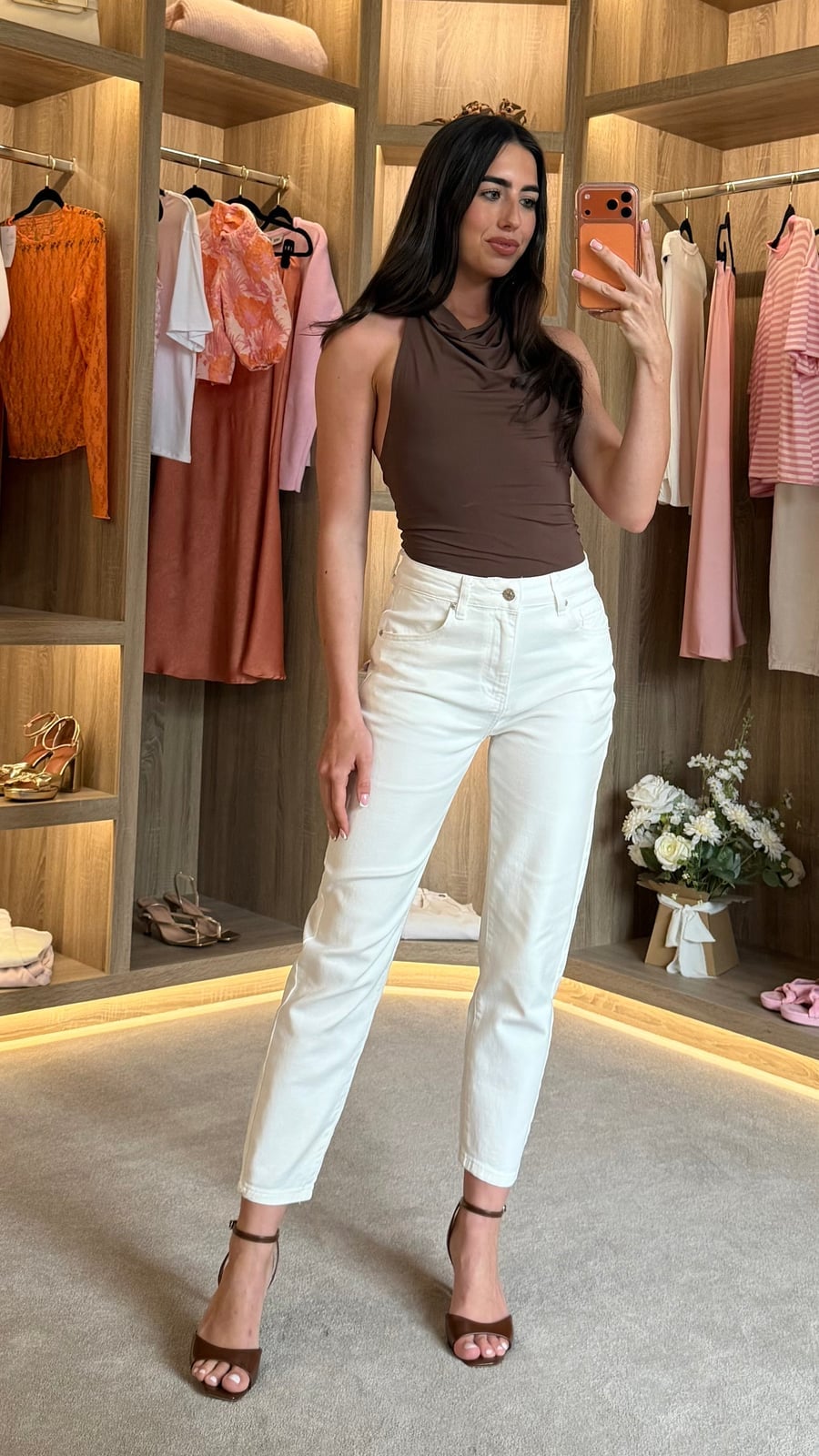White High-Waisted Mom Jeans with a Brown Halter Top — Trendy Mom Jeans Outfits