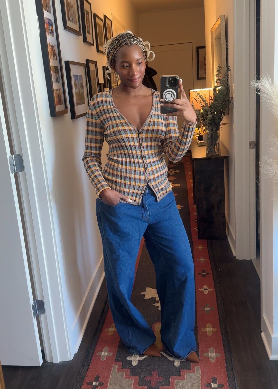 Blue Oversized Wide Leg Jeans with a Plaid Cardigan — Trendy Mom Jeans Outfits
