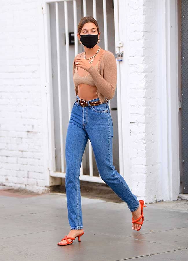 Blue Straight Leg Jeans with a Bralette and Orange Kitten Heels — Trendy Mom Jeans Outfits