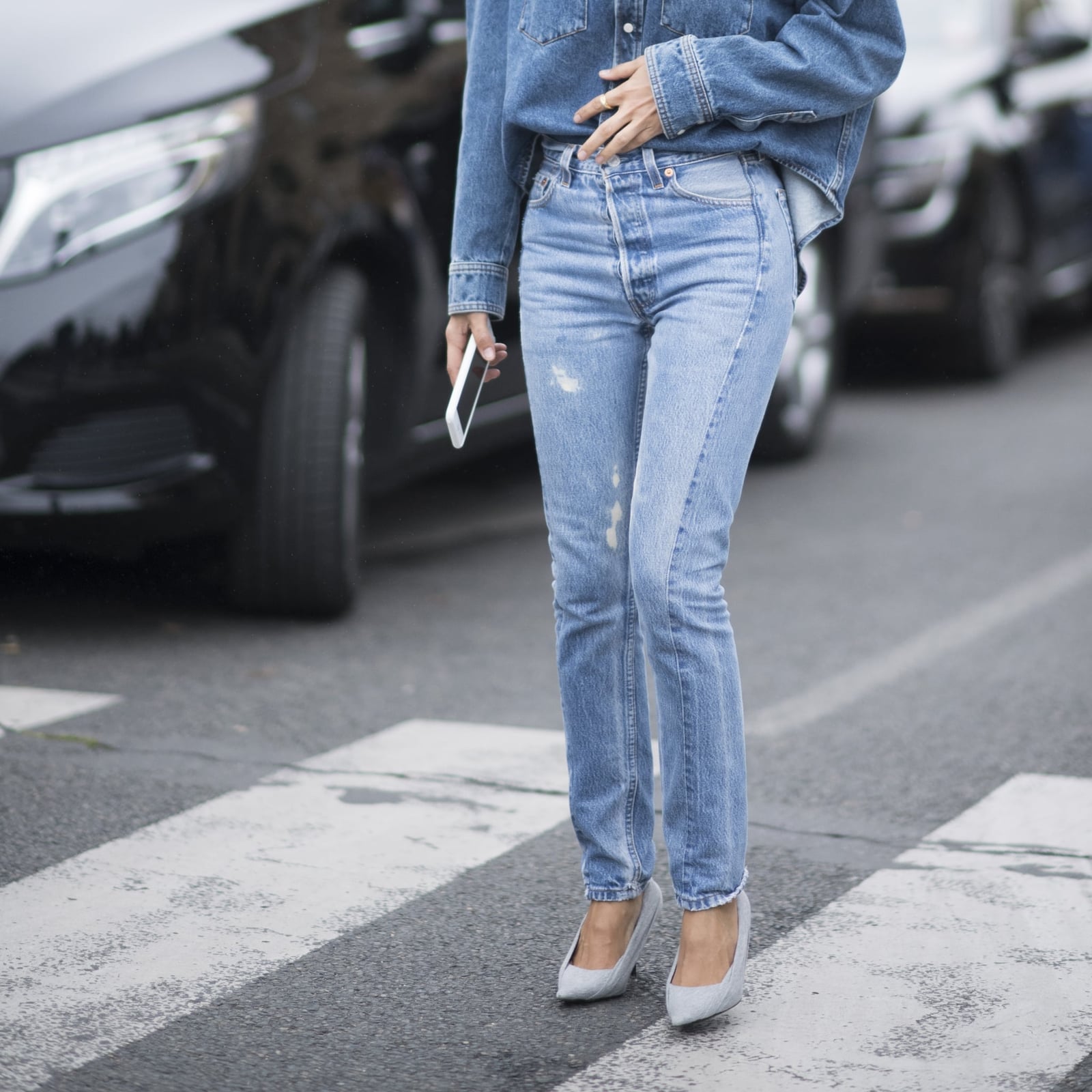 Light Blue Distressed Mom Jeans with Denim Jacket and Grey Heels — Trendy Mom Jeans Outfits